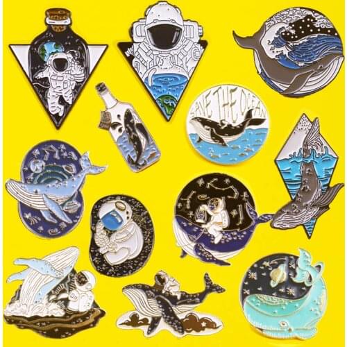 Astronaut and Whale Enamel Pins Adventure Ocean Brooches Bag Lapel Pin Space Badges On Backpack Jewelry Gift for Friends