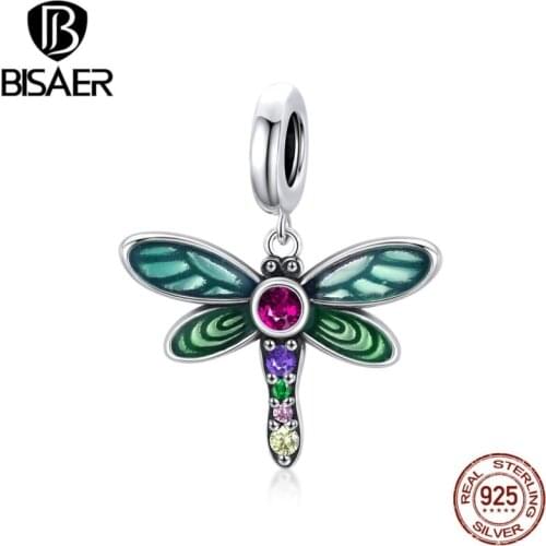 BISAER 925 Sterling Little Shiny Dragonfly Charms Insects CZ Beads fit Bracelet Beads for Silver 925 Jewelry Making ECC1706