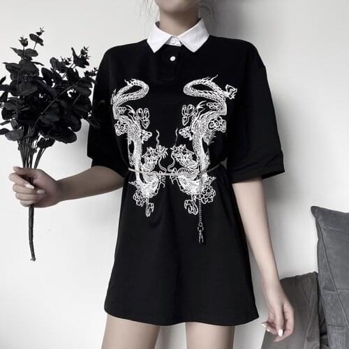 Black Dark Goth Women Cool Shirt 2020 Lady Chinese Dragon Print Single Breasted Gothic Shirt Dress Punk Rock Polo Collar Top Hot
