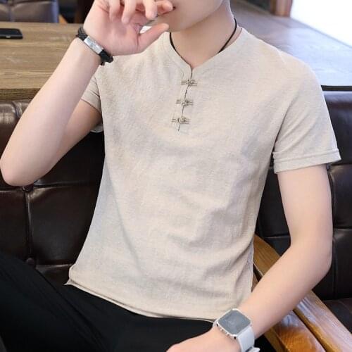 Men Short Sleeve T-shirt Summer Chinese Style Linen Shirts V-Neck Casual T Shirt Black White Green Shirts