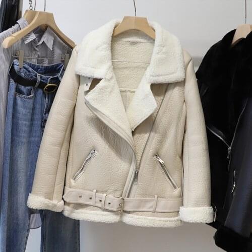 Ailegogo New Winter Women PU Leather Jacket Faux Lamb Leather Jacket Aviator Jacket Thick Faux Leather Fur Sheepskin Coat