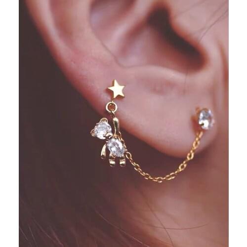 ALLNEWME Cute Shiny Rhinestone Bear Tassel Earrings for Women 2021 Gold Color Chain Star Clip Earrings Statement Korean Jewelry