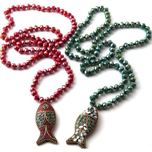 Fashion Bohemian Tribal Jewelry Glass Knotted Fish Pendant Necklaces For Women Ethnic Necklace