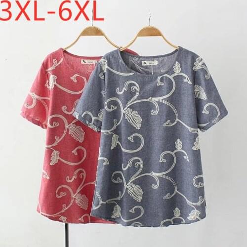 New 2021 summer plus size tops for women large loose short sleeve floral embroidery O neck T-shirt red gray 3XL 4XL 5XL 6XL