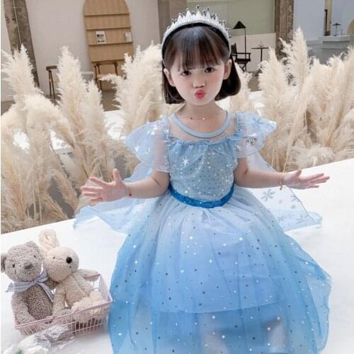 4-10Y Baby Girls Dress Princess Birthday Wear Flower Christening Ball Gown Kids Sky Blue Elegant Lovely Dresses for Girls