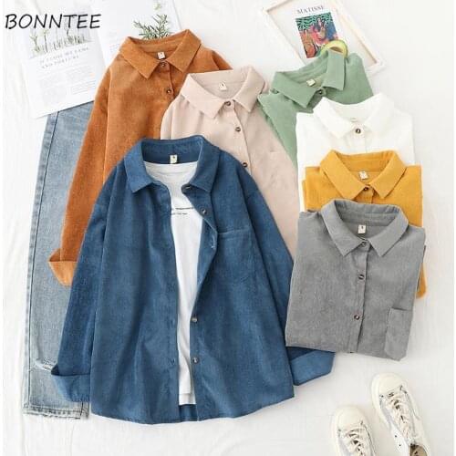 Shirts Women Vintage Corduroy Retros Loose Spring Autumn Long Sleeve All-match Couples Unisex Casual Solid Fashion Harajuku Chic