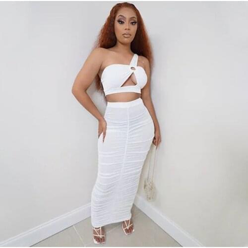 Adogirl Sexy Summer Women 2 Piece Sets Casual Solid Backless Crop Top And Folds Long Skirt Suit Outfits Matching Sets Plus Size