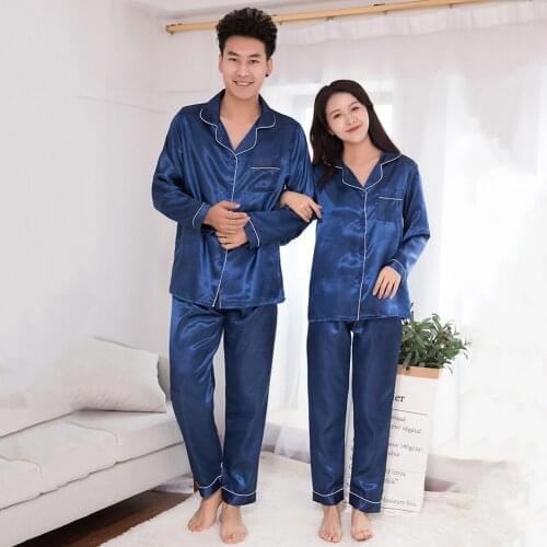 Silk Satin Men Pajamas Set Fashion Sleepwear Couple Solid Color Long Sleeve Suit Nightgown for Men