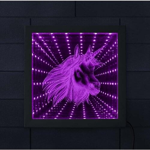 Unicorn Face LED Infinity Mirror LED Vortex Tunnel Interstellar Mirror Frame Magical Horse Horn Tunnel Vision Light Wood Frame