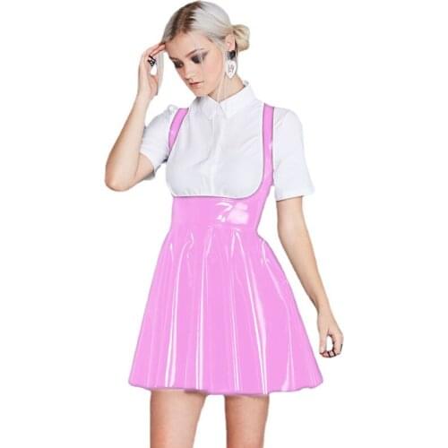 2021 New Sweet A-line Strap Skirts Black PVC Suspender Skirt for Women Sleeveless Skirt Fashionable Women Leather Pleated Skirt