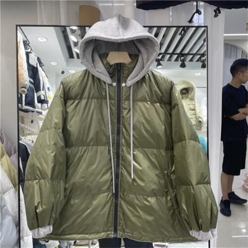 Korean Women Detachable Hooded Puffer Jacket Winter Stand Collar Long Sleeve Female Parkas Casual Drawstring Warm Down Jackets