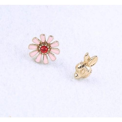 Asymmetric Cute Colorful Enamel Crystal Stamen Flowers Gold Color Little Deer Rabbit Head Stud Earrings Women Ear Pins Wholesale