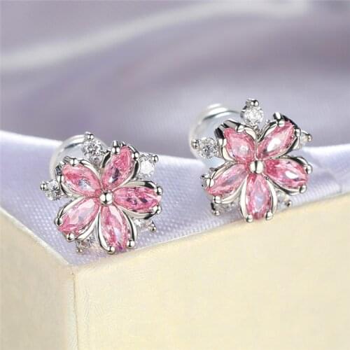 Boho Female Pink Zircon Stone Earrings Cute Silver Color Wedding Earrings Jewelry Trendy Flower Small Stud Earrings For Women