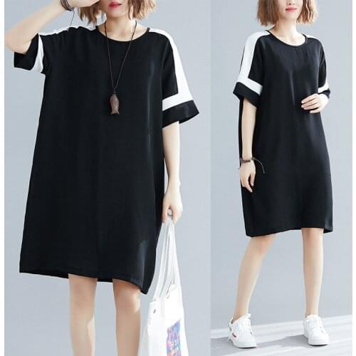 Plus size O-neck Patchwork White Striped Short Sleeve Dress Women 2020 Spring Summer New Casual Loose Mid-length Solid Dresses