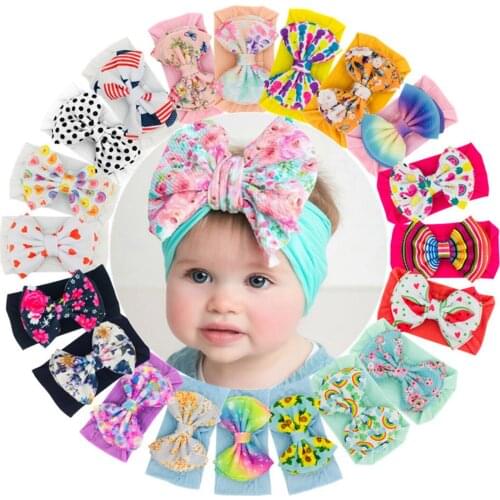 1PC Baby Big Bow Soft Headbands Flower Print Turban Hairband Newborn Infant Baby Girls Floral Headband Stretch Hairband Headwear