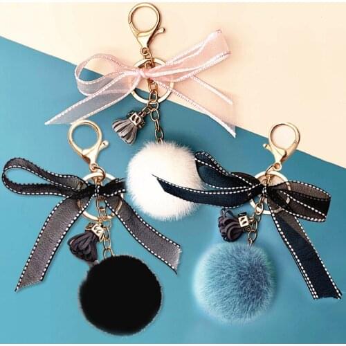 1PC Plush Keychain PU Tassel With Ribbon Bag Pendant Handmade Gift Fashion Suspension Key Ring Holder Women Key Accessories