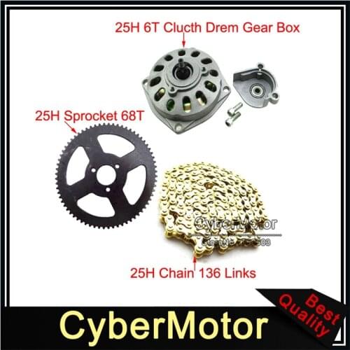25H 6 Tooth Clutch Drum Gear Box + 68 Tooth Rear Chain Sprocket + 136 Links Chain For 2 Stroke Minimoto Pocket Bike ATV Quad