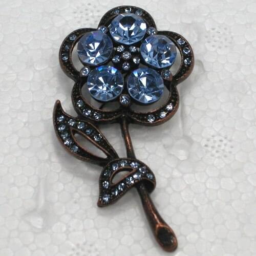 Antique Copper Blue Rhinestone Flower Pin brooches C114 B3