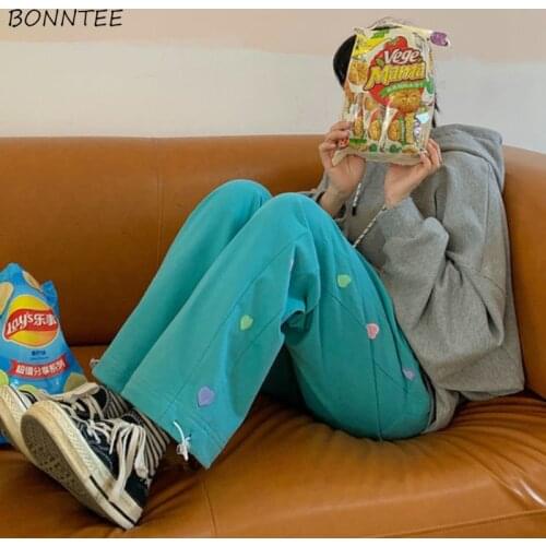 Pants Women Embroidery Sping New Ulzzang Casual Lovely Comfortable Loose Straight Drawstring Full-length Trendy Solid Trousers