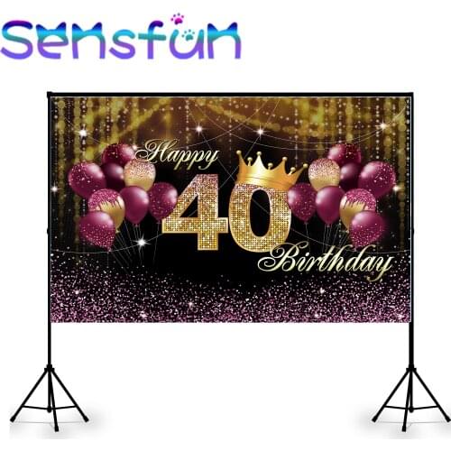 Black and Gold Photo Background Burgundy Balloons Bokeh Glitter 40th Birthday Party Backdrop for Photo Studio Banner