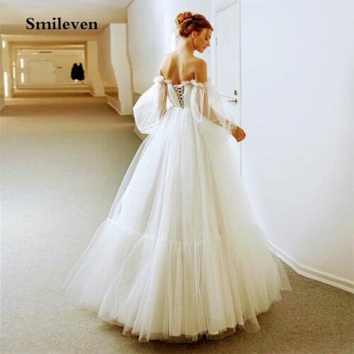 Smileven Puff Tulle Wedding Dress A Line Off The Shoulder Lace Bride Dress Boho Lace Up Back Princess Wedding Gowns