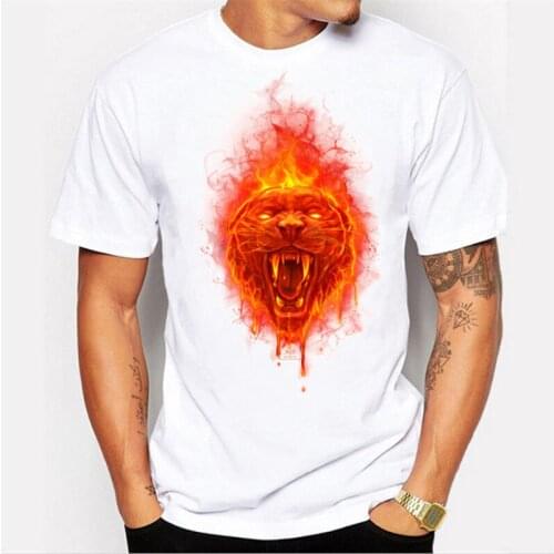 Mens casual simple white T-shirt Burning flame roaring tiger print cool summer tops