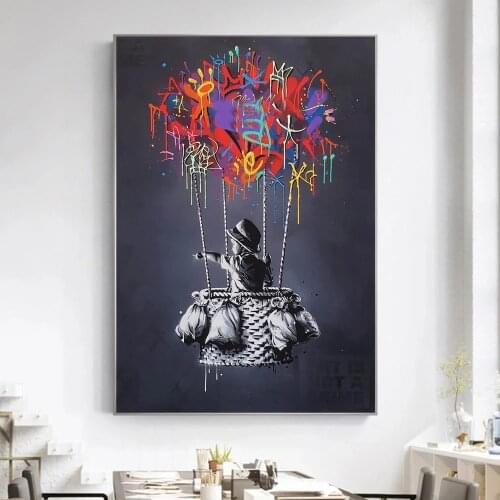 Graffiti Art Modern Decoration Paintings Boy on Hot Air Balloon Canvas Posters and Prints Picture For Interior Wall Art Decor