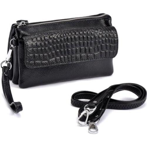 Women Long Wallet Genuine Leather 3-Layer Zipper Purse Shoulder Belt Bag Large Capacity Wristlet Clutch Phone Bag Money Purses