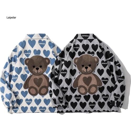 Spring Mens Clothes Hip Hop Streetwear Harajuku Fashion Hearts Print Lapel Jacket Men Casual Long Sleeve Loose Zipper Coats