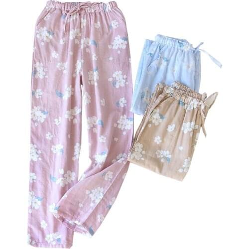 Hot Sale Spring And Fall Women Soft Cotton Sleep Bottoms Elegant Floral Printed Ladies Full Length Pants Elastic Waist Homewear