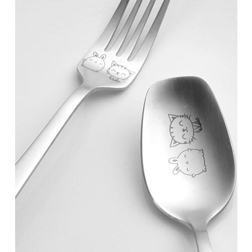 Cute Kitten Kitty Cat Fruit Fork Big Dinner Spoon Small Coffee Stirring Spoon Ice Tea Dessert Scoop Tableware Stainless Steel