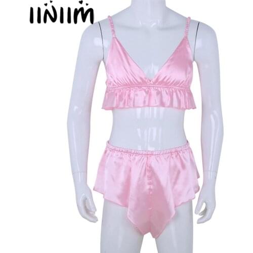 Iiniim 2Pcs Mens Sissy Lingerie Exotic Sets Sexy Gay Silky Slip Hommes Sissy Bra Top with Triangle Briefs Panties Underwear