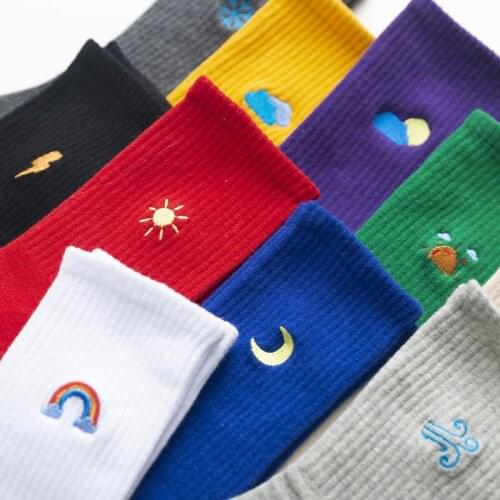 Spring And Summer Fashion Embroidery Weather Forecast Pattern Funny Lightning Rainbow Rain Moon Popular Street Skateboard Socks
