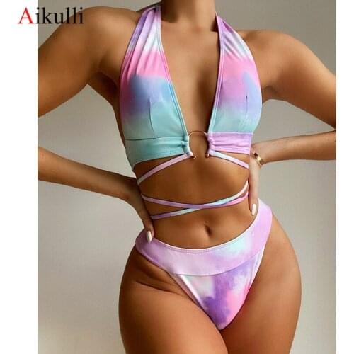 New Tie Dye Bikinis Swimsuit Women Sexy Halter Wrap Around Two-pieces Swimwear Female Summer Beach Bathing Suits Swim Bikini Set