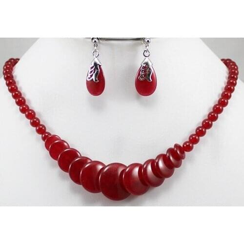 Wholesale simple style 8mm 18" red beads and coins necklace stud earrings jewelry set