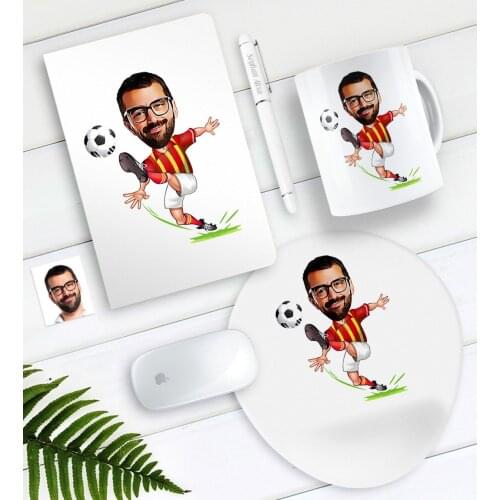Personalized Mr Yellow Red Soccer Player Caricature Of Notebook Pen Mug Mouse Pad set