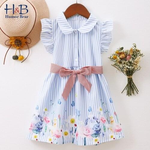 Humor Bear Girls Dress Summer New Flying-Sleeve Cartoon Striped Printed Priness Dress Sweet Toddler Kids Clothes