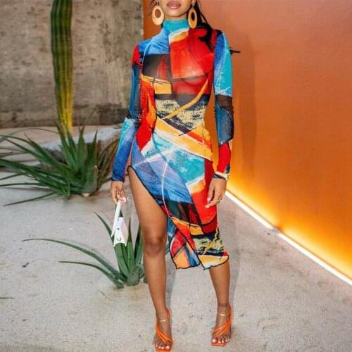 Hirigin Printed Long Sleeve Irregular Bodycon Dress Women Sexy High Split Party Midi Dresses Fall Elegant Night Club Clothes