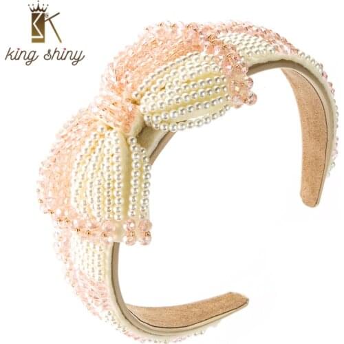 King Shiny Luxury Baroque Imitation Pearl Bowknot Headband Lovely Crystal Beaded Hairband Girls Party Hair Accessory Tiara Bezel