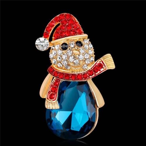 Luxury Blue Crystal Cute Christmas Snowman Brooches Rhinestone Alloy Pin Fashion Jewelry Gift Christmas Day Decoration Brooches