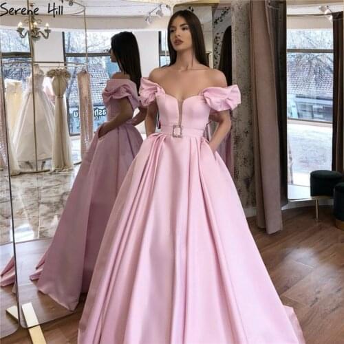 Pink Simple Sexy A-line Long Design Prom Dresses 2020 Sashs Off Shoulder Satin Party Prom Gowns Design Serene Hill BLA70257