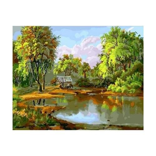 Shack near the lake Digital Diy oil painting by numbers wall decor on canvas oil paint coloring by number drawing