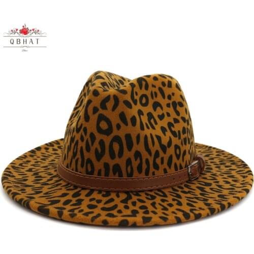QBHAT European US Autumn Winter Leopard Print Jazz Fedora Hats with Belt Buckle Decor Men Women Panama Trilby Wool Felt Hat