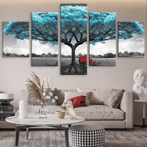 Blue Tree Red Garden Bench Scenery 5 Panel Canvas Print Modern Wall Art Poster HD Pictures Home Decor Framed Paintings