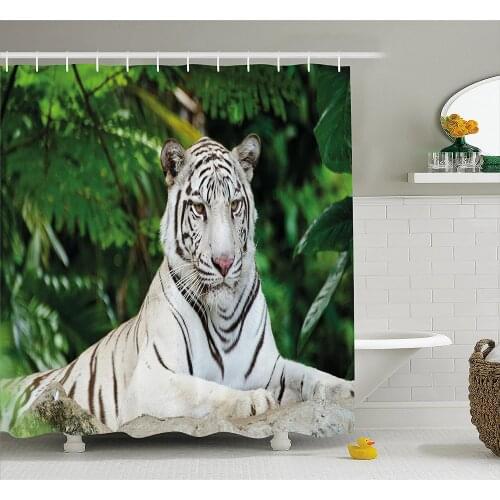 Tiger Shower Curtain Albino Bengal Cat Sitting on a Rock in Forest Southeast Asia Indigenous Species Waterproof Bath Curtains