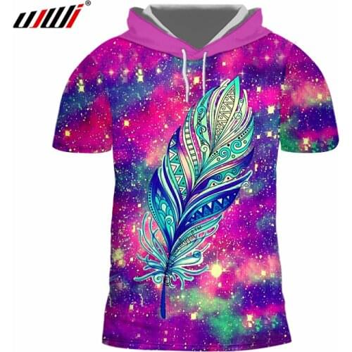 UJWI Mens Hooded Tshirts New Fashion 3d Star Feather T-shirt Hombre Hip Hop Punk Style Short Sleeve Hoodie With Hat Undershirt