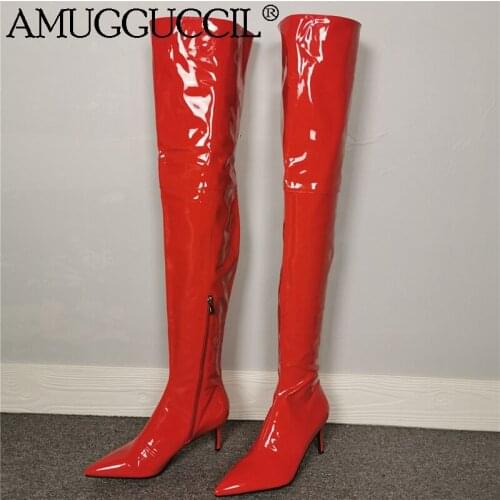 2020 New Plus Big Size 35-46 Red Zip Fashion Sexy Over The Knee Thigh Mid Heel Autumn Winter Female Lady Womens Boots X1966