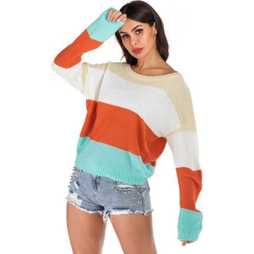 Women Long Sleeve Waffle Knit Sweater Color Block Striped Pullover Jumper Tops