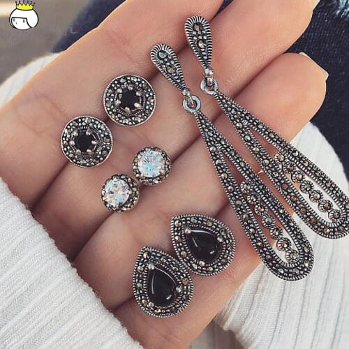 4pairs/set Female Bohemian Stud Earring Set Black Crystal Droplet Earrings for Women Jewelry Indian Brincos Femme Aretes 2019