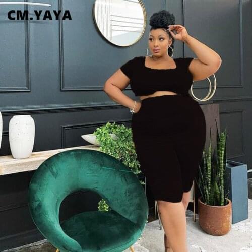 CM.YAYA Women Plus Size Set Solid Short Sleeve Crop Tops Knee Length Stretchy Shorts Two 2 Piece Sets Tracksuit Summer Outfits